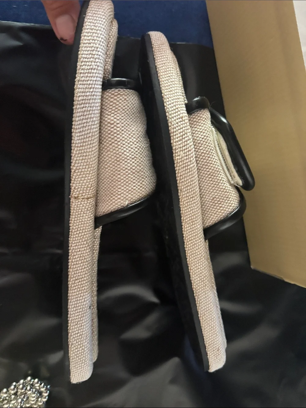 Michael Kors Cream Fabric Slide Sandals with Black Trim